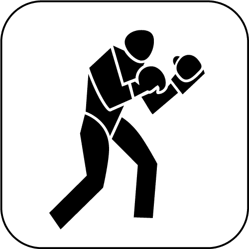 Schwarzes Symbol eines Boxers in gedrungener Position mit Fäusten, bereit zum Schlagen.