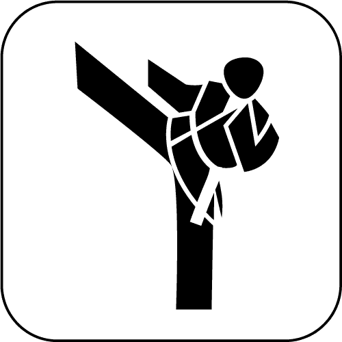 Schwarze Silhouette eines Kämpfers, der einen Karatekick ausführt, vor weißem Hintergrund.